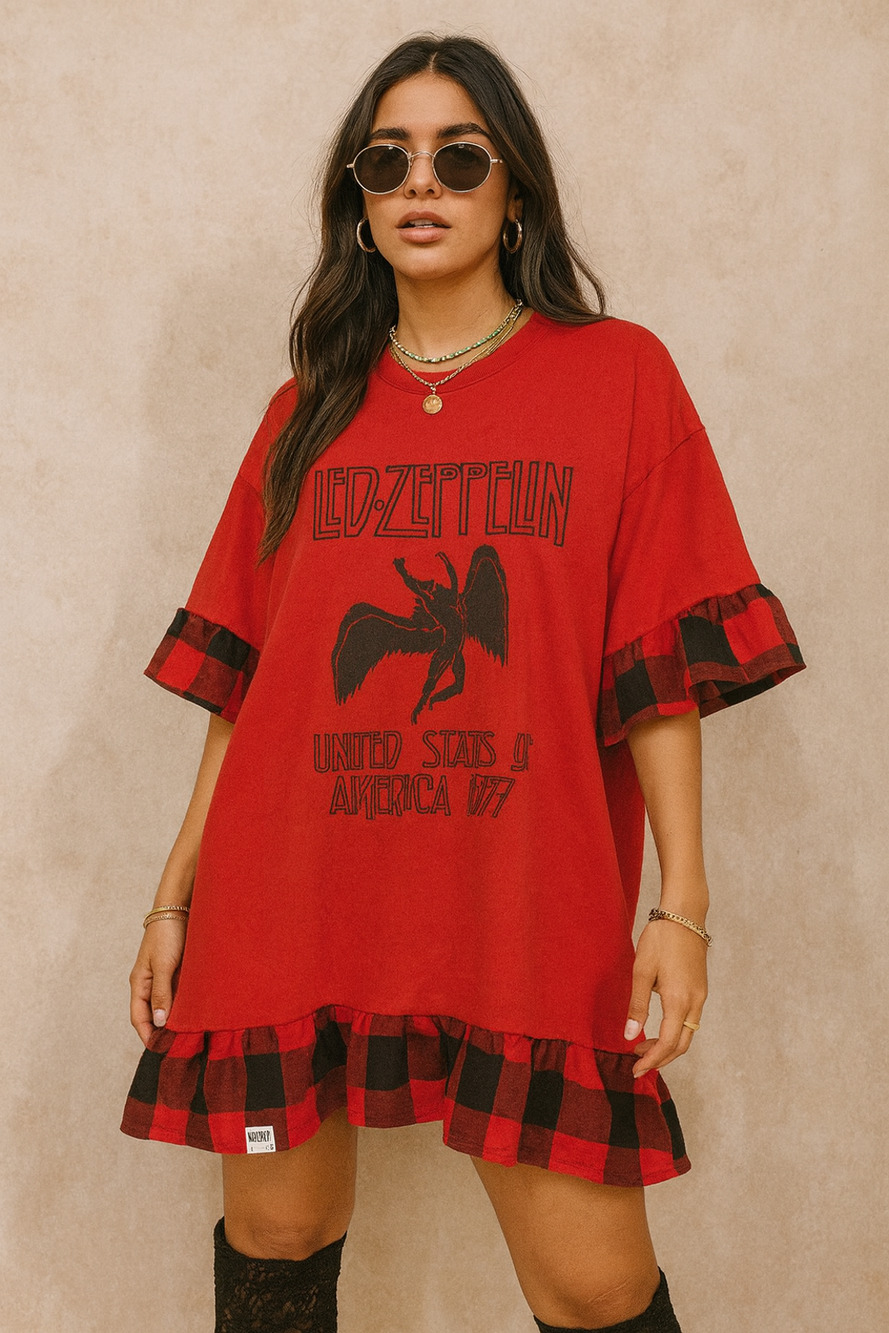 Upcycled Band Tee Dress - Led Zeppelin Red